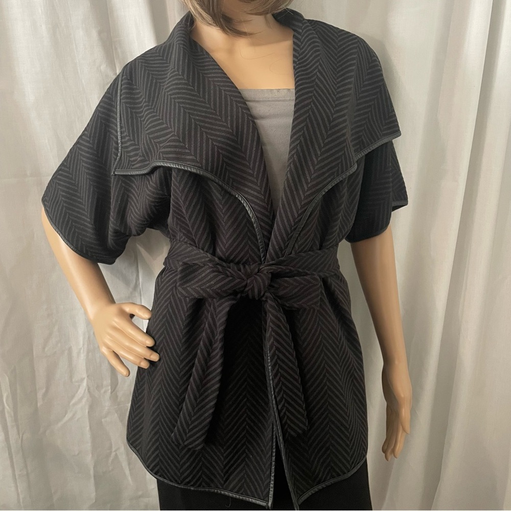 Liz Claiborne Belted wrap with leather trim dolman sleeved black/gray cardigan